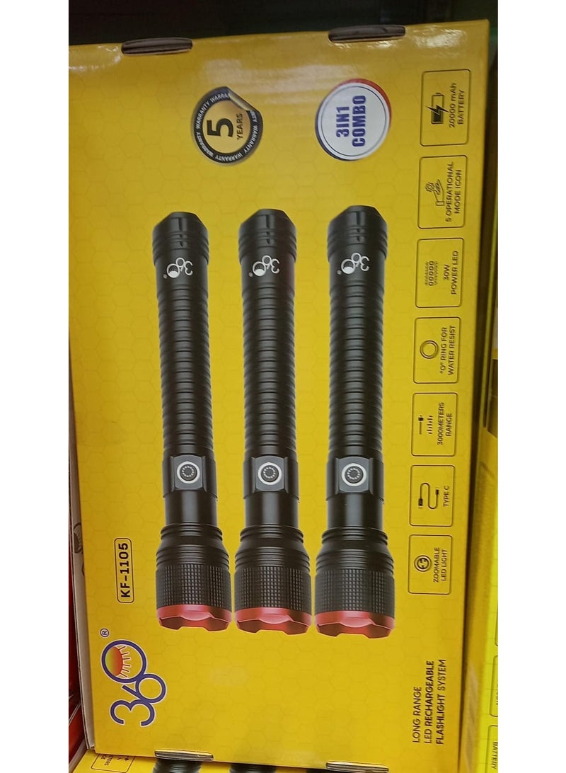 3 in 1 Combo Professional Aluminum Alloy Type-C Rechargeable Long Range High Power Torche